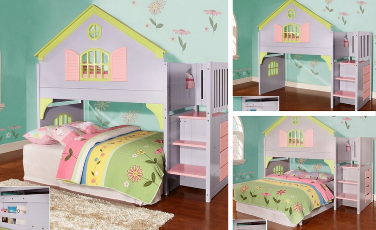 3 different ways to install the dollhouse loft bed. Pastel colors with 3 steps to the loft. Also has 4 side drawers. The bottom part can become another bed or extra play space.