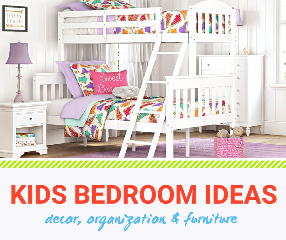 Kids bedrooms - a white bunk bed one twin and the bottom a full size. click here for more decor, organization and furniture ideas for kids rooms.
