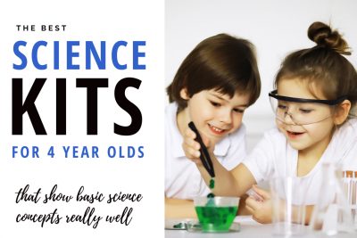 Text that says Science kits for 4 year olds. and a picture on the right of a boy and a girl playing.